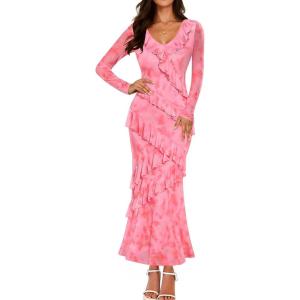 imageZESICA Womens Fall Floral Long Sleeve Maxi Dress 2026 Boho Bodycon V Neck Ruffle Wedding Party Long DressesPink