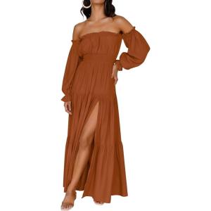 imageZESICA Womens 2026 Boho Sexy Off Shoulder Long Sleeve Smocked High Waist Side Split Flowy A Line Tiered Long Maxi DressCaramel