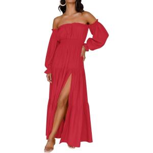imageZESICA Womens 2026 Boho Sexy Off Shoulder Long Sleeve Smocked High Waist Side Split Flowy A Line Tiered Long Maxi DressCherry