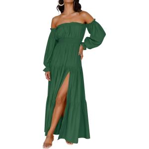 imageZESICA Womens 2026 Boho Sexy Off Shoulder Long Sleeve Smocked High Waist Side Split Flowy A Line Tiered Long Maxi DressDark Green
