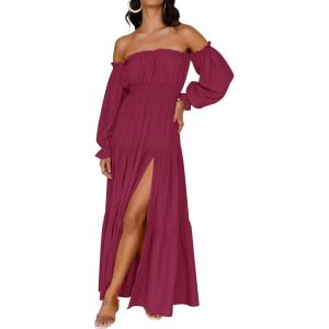 imageZESICA Womens 2026 Boho Sexy Off Shoulder Long Sleeve Smocked High Waist Side Split Flowy A Line Tiered Long Maxi DressFuchsia