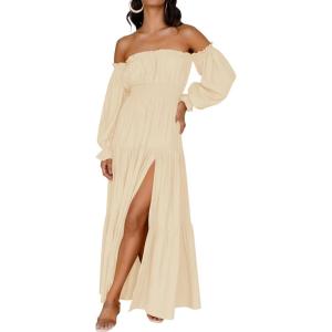imageZESICA Womens 2026 Boho Sexy Off Shoulder Long Sleeve Smocked High Waist Side Split Flowy A Line Tiered Long Maxi DressLight Yellow