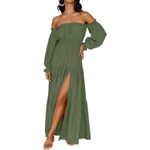 imageZESICA Womens 2026 Boho Sexy Off Shoulder Long Sleeve Smocked High Waist Side Split Flowy A Line Tiered Long Maxi DressOlive