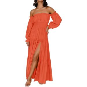 imageZESICA Womens 2026 Boho Sexy Off Shoulder Long Sleeve Smocked High Waist Side Split Flowy A Line Tiered Long Maxi DressOrange