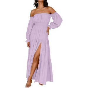 imageZESICA Womens 2026 Boho Sexy Off Shoulder Long Sleeve Smocked High Waist Side Split Flowy A Line Tiered Long Maxi DressPurple