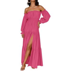 imageZESICA Womens 2026 Boho Sexy Off Shoulder Long Sleeve Smocked High Waist Side Split Flowy A Line Tiered Long Maxi DressRose