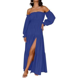 imageZESICA Womens 2026 Boho Sexy Off Shoulder Long Sleeve Smocked High Waist Side Split Flowy A Line Tiered Long Maxi DressRoyal Blue