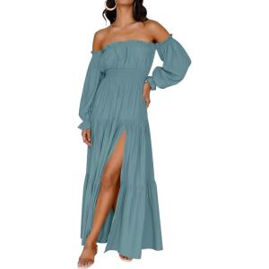 imageZESICA Womens 2026 Boho Sexy Off Shoulder Long Sleeve Smocked High Waist Side Split Flowy A Line Tiered Long Maxi DressTeal
