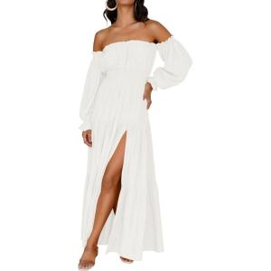 imageZESICA Womens 2026 Boho Sexy Off Shoulder Long Sleeve Smocked High Waist Side Split Flowy A Line Tiered Long Maxi DressWhite