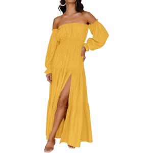 imageZESICA Womens 2026 Boho Sexy Off Shoulder Long Sleeve Smocked High Waist Side Split Flowy A Line Tiered Long Maxi DressYellow