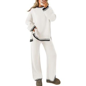imageZESICA Womens Casual 2 Piece Outfits Sweater Sets Long Sleeve Pullover Tops Wide Leg Pants Lounge SetIvory