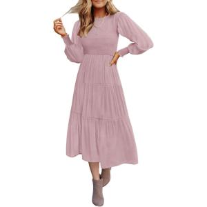imageZESICA Womens Casual Long Sleeve Crew Neck High Waist Smocked Flowy Tiered Midi DressDarkpink