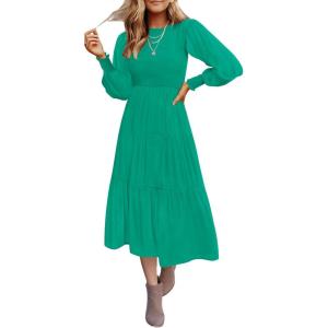 imageZESICA Womens Casual Long Sleeve Crew Neck High Waist Smocked Flowy Tiered Midi DressGreen