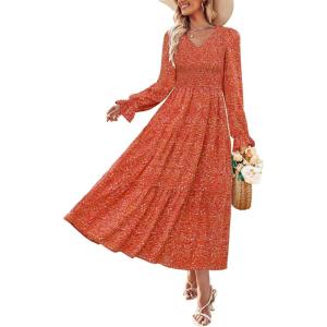 imageZESICA Womens Floral Boho Maxi Dress 2026 Spring Summer Casual Long Sleeve V Neck A Line Flowy Wedding Guest DressesRust