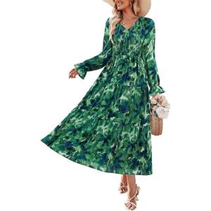 imageZESICA Womens Floral Boho Maxi Dress 2026 Spring Summer Casual Long Sleeve V Neck A Line Flowy Wedding Guest DressesTurquoise