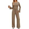 imageZESICA Womens 2 Piece Lounge Sets Fall 2026 Casual Long Sleeve Boat Neck Ribbed Tops Wide Leg Pants Outfits with PocketKhaki