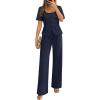 imageZESICA Womens Summer Two Pieces Suits Set 2026 Short Sleeve Blazer Wide Leg Pants Business Casual Outfits SetsNavy