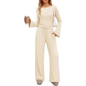 imageZESICA Womens 2 Piece Lounge Sets Fall 2026 Casual Long Sleeve Boat Neck Ribbed Tops Wide Leg Pants Outfits with PocketApricot
