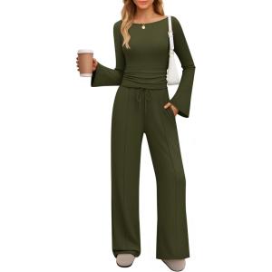 imageZESICA Womens 2 Piece Lounge Sets Fall 2026 Casual Long Sleeve Boat Neck Ribbed Tops Wide Leg Pants Outfits with PocketArmygreen