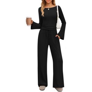 imageZESICA Womens 2 Piece Lounge Sets Fall 2026 Casual Long Sleeve Boat Neck Ribbed Tops Wide Leg Pants Outfits with PocketBlack