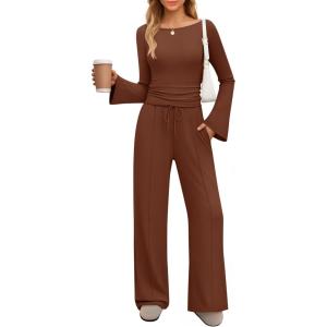 imageZESICA Womens 2 Piece Lounge Sets Fall 2026 Casual Long Sleeve Boat Neck Ribbed Tops Wide Leg Pants Outfits with PocketCaramel