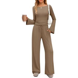 imageZESICA Womens 2 Piece Lounge Sets Fall 2026 Casual Long Sleeve Boat Neck Ribbed Tops Wide Leg Pants Outfits with PocketKhaki