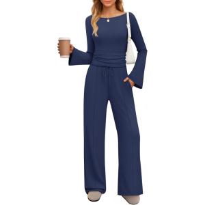 imageZESICA Womens 2 Piece Lounge Sets Fall 2026 Casual Long Sleeve Boat Neck Ribbed Tops Wide Leg Pants Outfits with PocketNavy