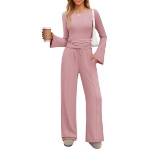 imageZESICA Womens 2 Piece Lounge Sets Fall 2026 Casual Long Sleeve Boat Neck Ribbed Tops Wide Leg Pants Outfits with PocketPink