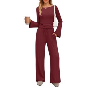 imageZESICA Womens 2 Piece Lounge Sets Fall 2026 Casual Long Sleeve Boat Neck Ribbed Tops Wide Leg Pants Outfits with PocketWine