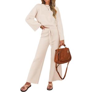 imageZESICA Womens 2 Piece Outfits Set 2026 Casual Long Sleeve Knit Pullover Top and Wide Leg Pants Sweatsuit Lounge SetsApricot