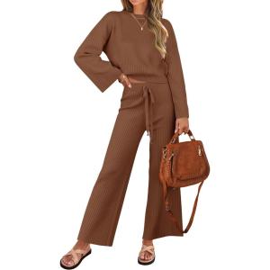 imageZESICA Womens 2 Piece Outfits Set 2026 Casual Long Sleeve Knit Pullover Top and Wide Leg Pants Sweatsuit Lounge SetsCaramel