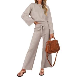 imageZESICA Womens 2 Piece Outfits Set 2026 Casual Long Sleeve Knit Pullover Top and Wide Leg Pants Sweatsuit Lounge SetsOatmeal