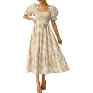 imageZESICA Womens 2026 Bohemian Summer Plaid Square Neck Puff Sleeve Ruffle Flowy Beach Midi DressBeige