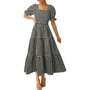imageZESICA Womens 2026 Bohemian Summer Plaid Square Neck Puff Sleeve Ruffle Flowy Beach Midi DressBlack