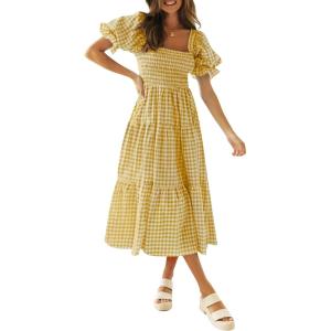 imageZESICA Womens 2026 Bohemian Summer Plaid Square Neck Puff Sleeve Ruffle Flowy Beach Midi DressGinger