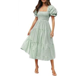 imageZESICA Womens 2026 Bohemian Summer Plaid Square Neck Puff Sleeve Ruffle Flowy Beach Midi DressGreen