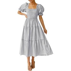 imageZESICA Womens 2026 Bohemian Summer Plaid Square Neck Puff Sleeve Ruffle Flowy Beach Midi DressGrey