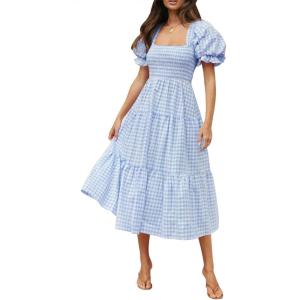 imageZESICA Womens 2026 Bohemian Summer Plaid Square Neck Puff Sleeve Ruffle Flowy Beach Midi DressLightblue