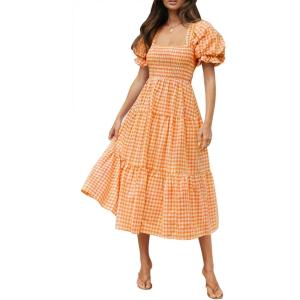imageZESICA Womens 2026 Bohemian Summer Plaid Square Neck Puff Sleeve Ruffle Flowy Beach Midi DressOrange