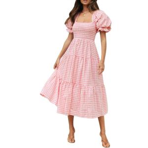 imageZESICA Womens 2026 Bohemian Summer Plaid Square Neck Puff Sleeve Ruffle Flowy Beach Midi DressPink