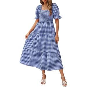 imageZESICA Womens 2026 Bohemian Summer Plaid Square Neck Puff Sleeve Ruffle Flowy Beach Midi DressRoyalblue