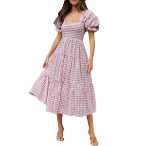 imageZESICA Womens 2026 Bohemian Summer Plaid Square Neck Puff Sleeve Ruffle Flowy Beach Midi DressTaro