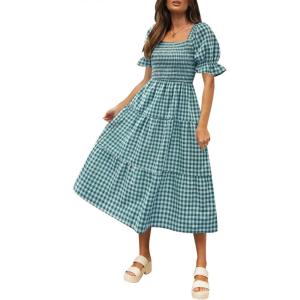 imageZESICA Womens 2026 Bohemian Summer Plaid Square Neck Puff Sleeve Ruffle Flowy Beach Midi DressTeal