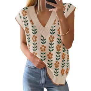 imageZESICA Womens Floral Sleeveless Sweater Vest 2026 Summer Oversized Cap Sleeve V Neck Loose Knit Tank Tops Casual OutfitsApricot