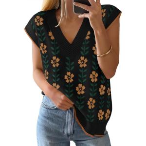 imageZESICA Womens Floral Sleeveless Sweater Vest 2026 Summer Oversized Cap Sleeve V Neck Loose Knit Tank Tops Casual OutfitsBlack