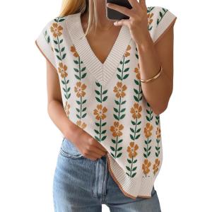 imageZESICA Womens Floral Sleeveless Sweater Vest 2026 Summer Oversized Cap Sleeve V Neck Loose Knit Tank Tops Casual OutfitsWhite