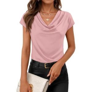 imageZESICA Womens Summer Short Sleeve Business Casual Tops 2026 Cowl Neck Knit Shirts Spring Work Dressy BlousesPink