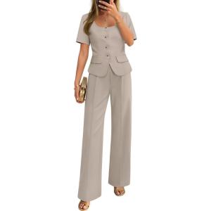 imageZESICA Womens Summer Two Pieces Suits Set 2026 Short Sleeve Blazer Wide Leg Pants Business Casual Outfits SetsGrey Khaki