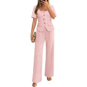 imageZESICA Womens Summer Two Pieces Suits Set 2026 Short Sleeve Blazer Wide Leg Pants Business Casual Outfits SetsLight Pink