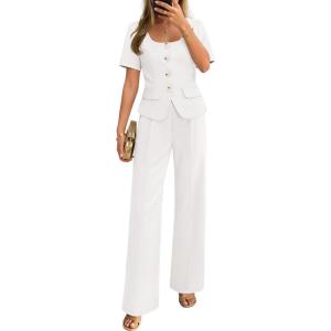 imageZESICA Womens Summer Two Pieces Suits Set 2026 Short Sleeve Blazer Wide Leg Pants Business Casual Outfits SetsWhite